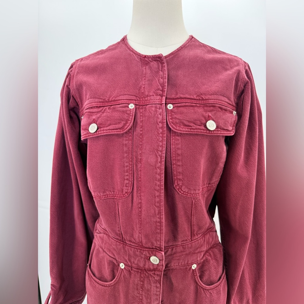 Zara The 80s Devon Burgundy Jumpsuit Long Sleeve Utility Romper Button Front - Picture 6 of 16